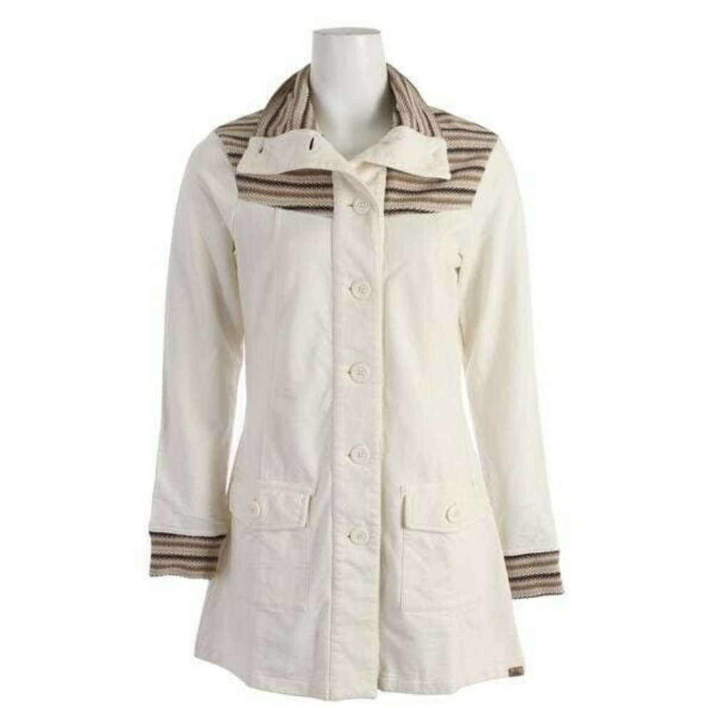 PRANA Size S Rowen Knit Button Down Long Cream Jacket Pockets Woven Trim Coat